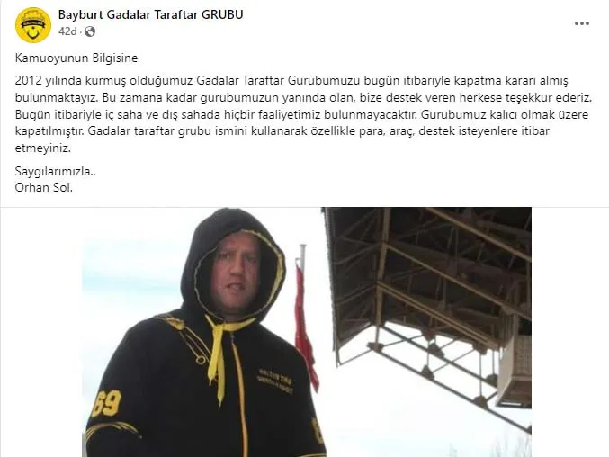 Bayburt Gadalar Taraftar Grubu Faaliyetlerine Son Verdi, Kapatma Kararı Aldı