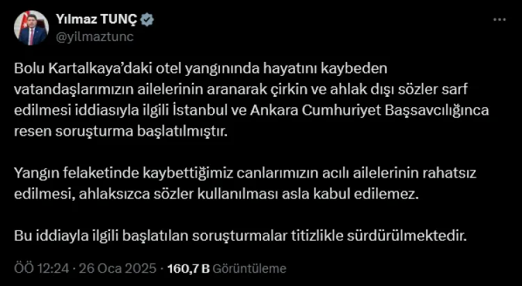 Bakan Tunç açıkladı: Acılı ailelere saygısızlığa re'sen soruşturma haberi