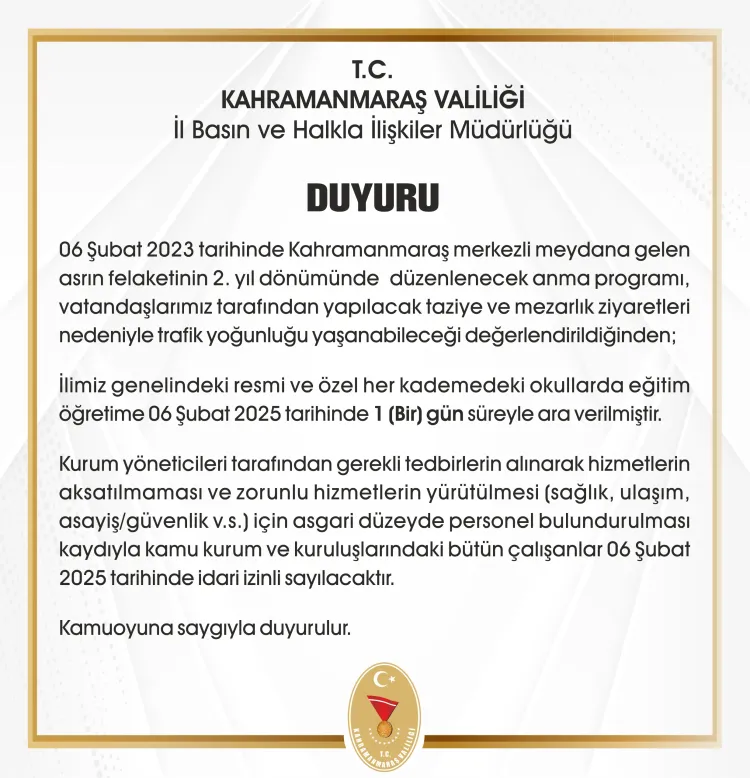 6 Şubat tatiline Kahramanmaraş ile Malatya da dahil oldu haberi