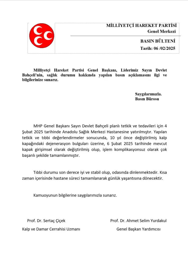 Bahçeli'nin kalp kapakçığı yenilendi! haberi