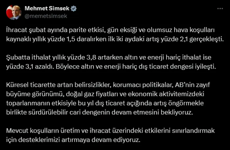 Bakan Şimşek: Ekonomik toparlanma cariyi dengeleyecek haberi